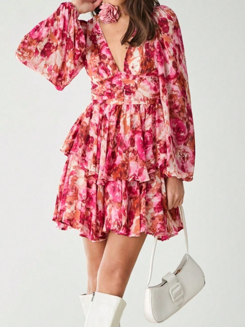 Hot Pink Boho Women's V-Neck Long Sleeve Floral Allover Print Short Casual Dress